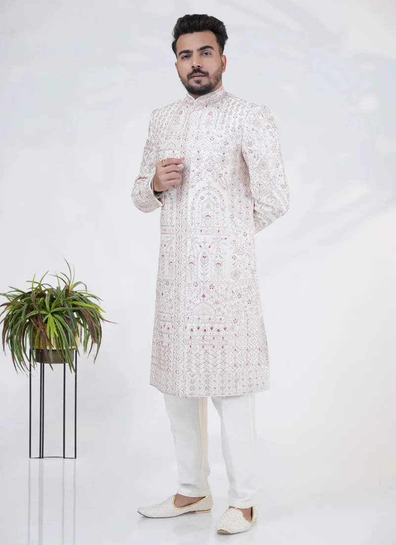 Rose Gold Silk Sherwani With Thread Embroidery
