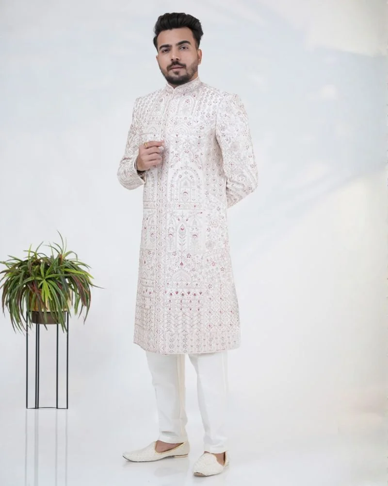 Rose Gold Silk Sherwani With Thread Embroidery