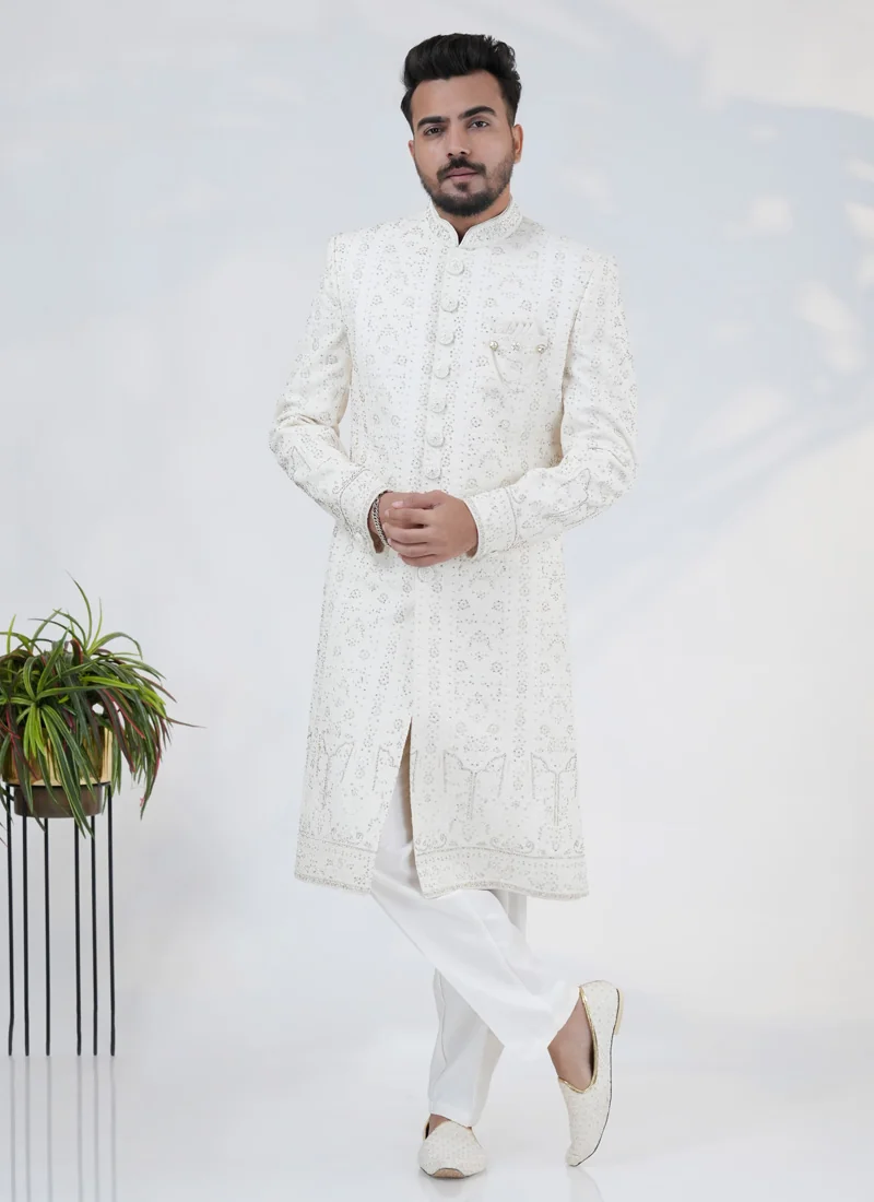 Cream Silk Sherwani with Embroidery