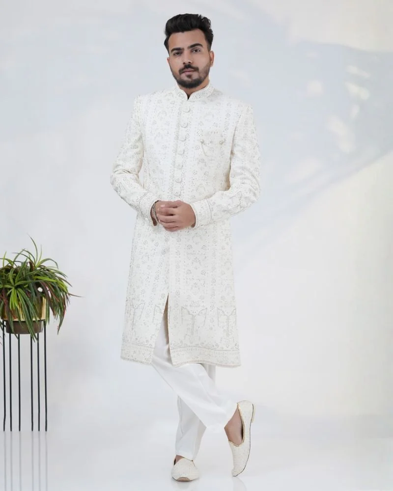Cream Silk Sherwani with Embroidery