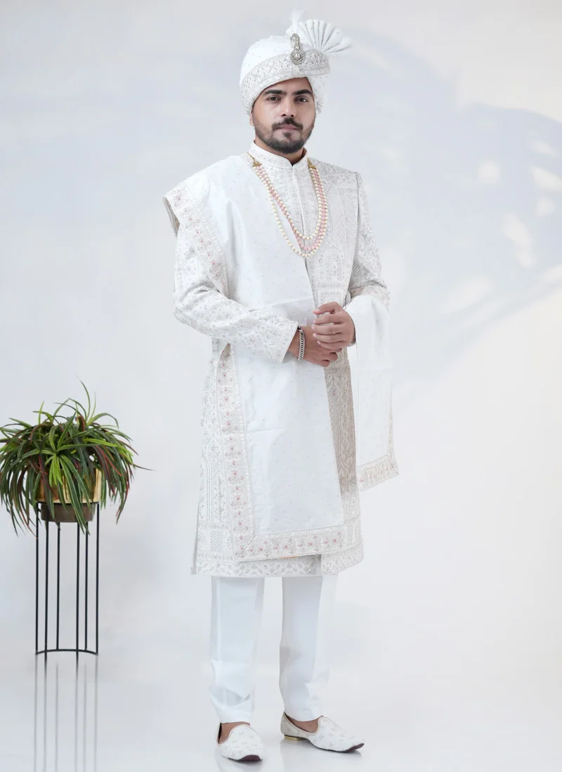 Designer White Silk Thread Embroidered Sherwani