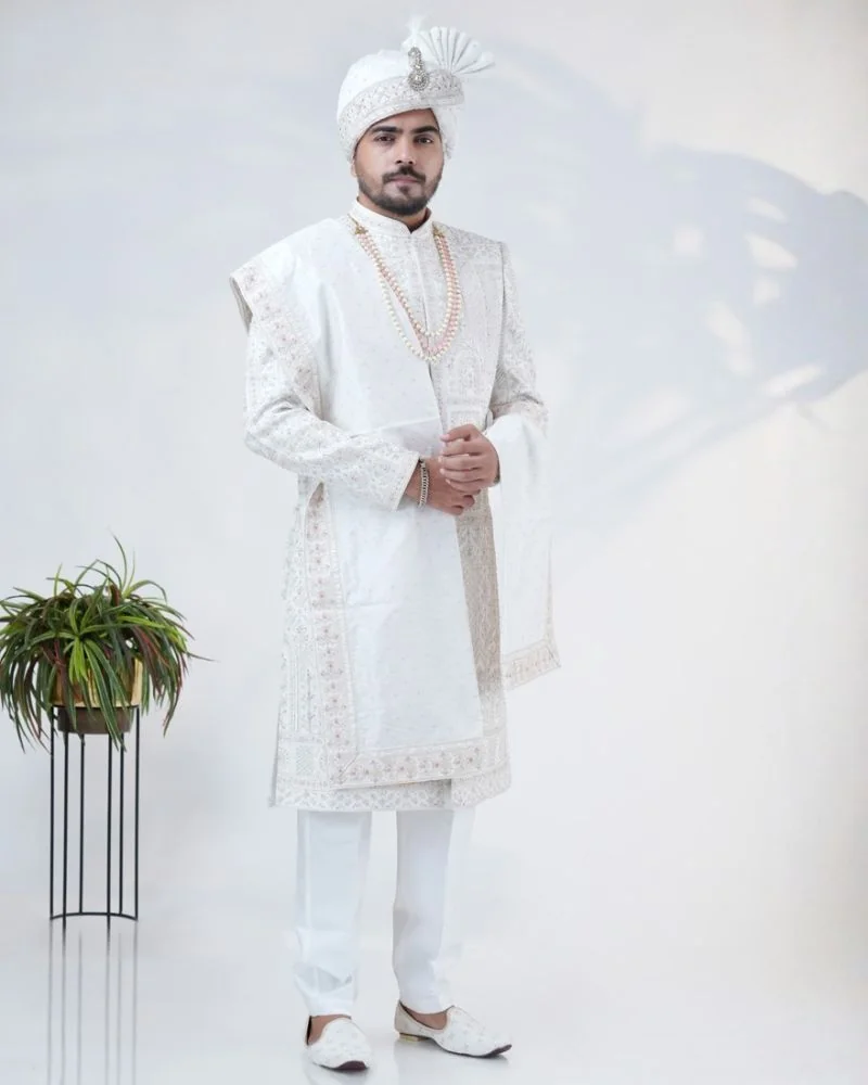 Designer White Silk Thread Embroidered Sherwani