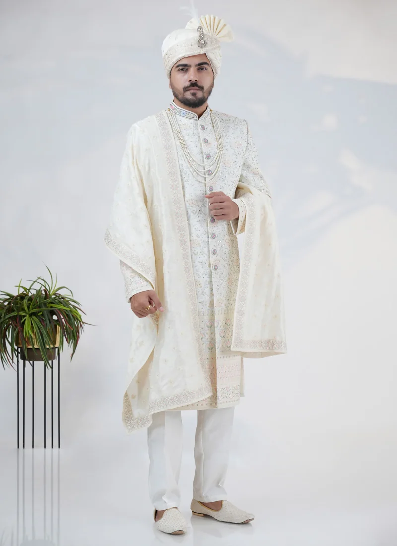 Cream Silk Sherwani Set with Intricate Thread and Stonework