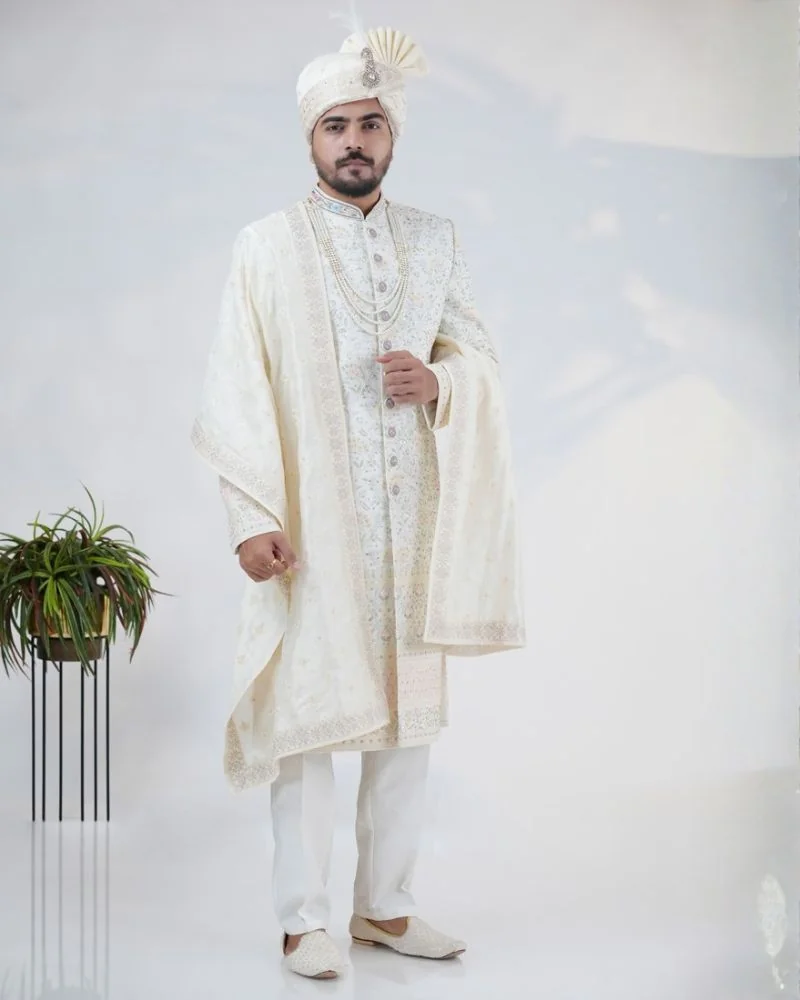 Cream Silk Sherwani Set with Intricate Thread and Stonework
