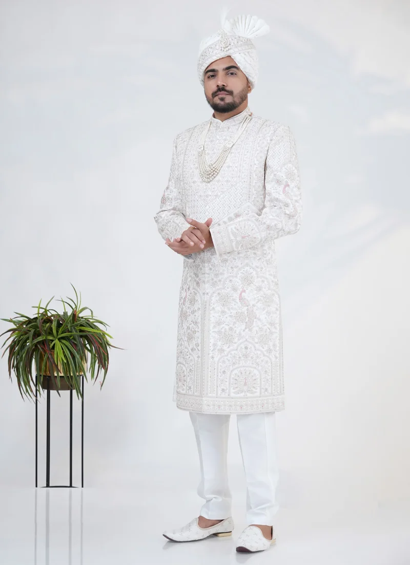 White Silk Wedding Sherwani