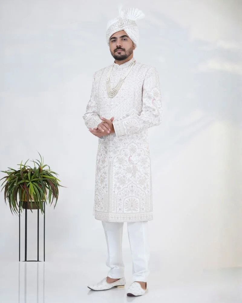 White Silk Wedding Sherwani