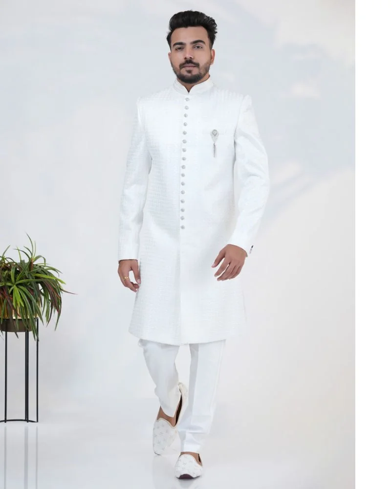Groom's White Silk Sherwani