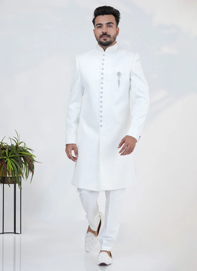 Groom's White Silk Sherwani