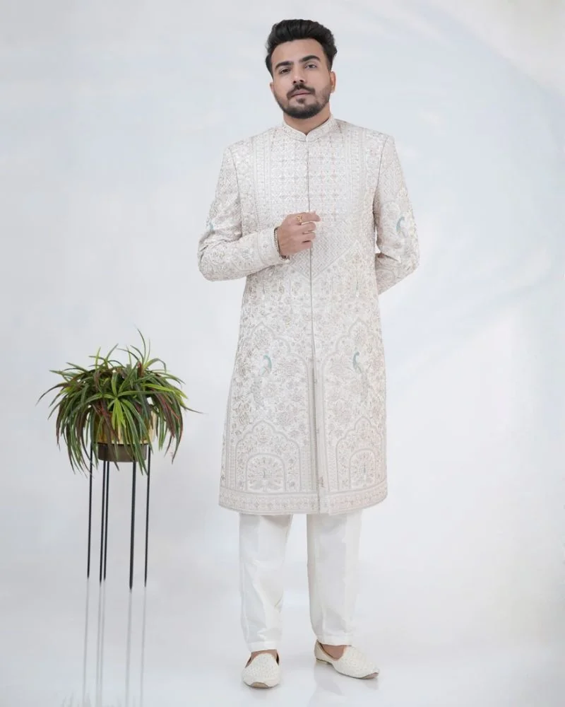 Cream Embroidered Designer Sherwani