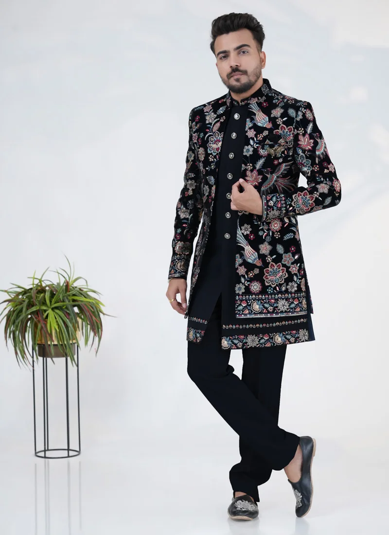 Designer Navy Blue Embroidered Jacket Indowestern Set for Men