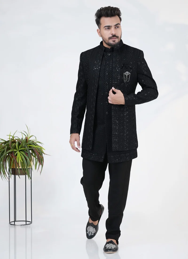 Elegant Men's Black Embroidered Indowestern Set