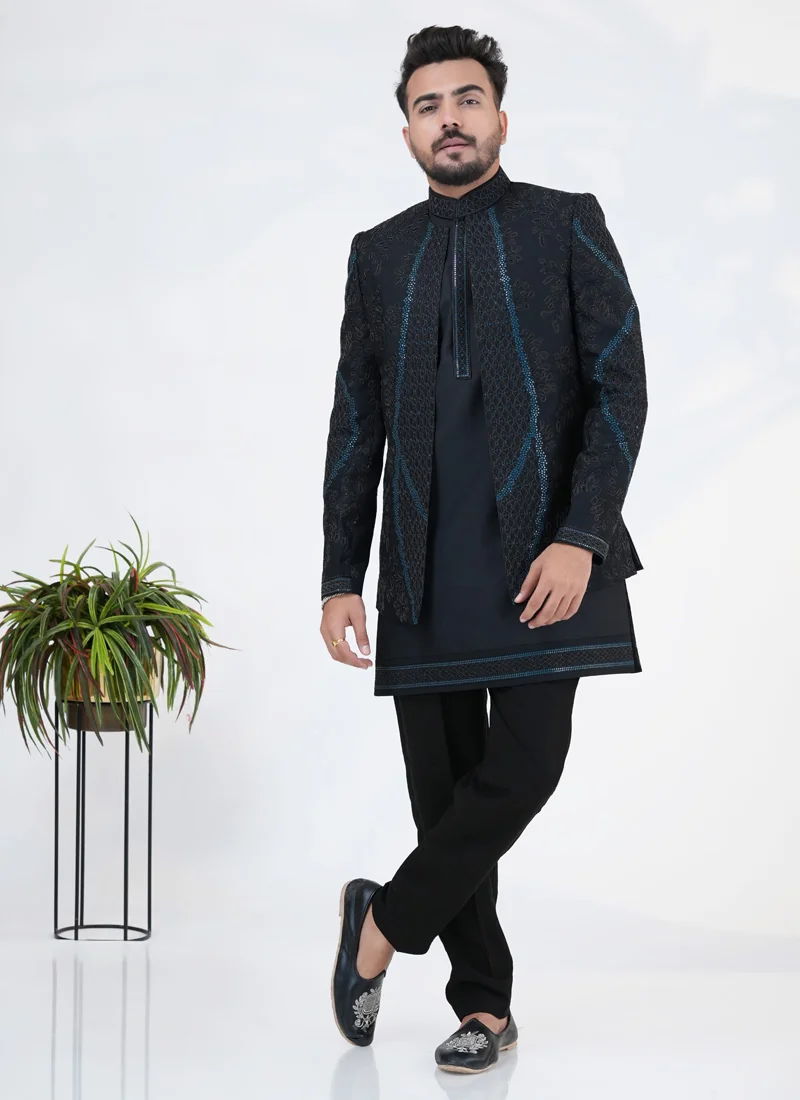 Men's Black Silk Jacket-Style Indowestern Set