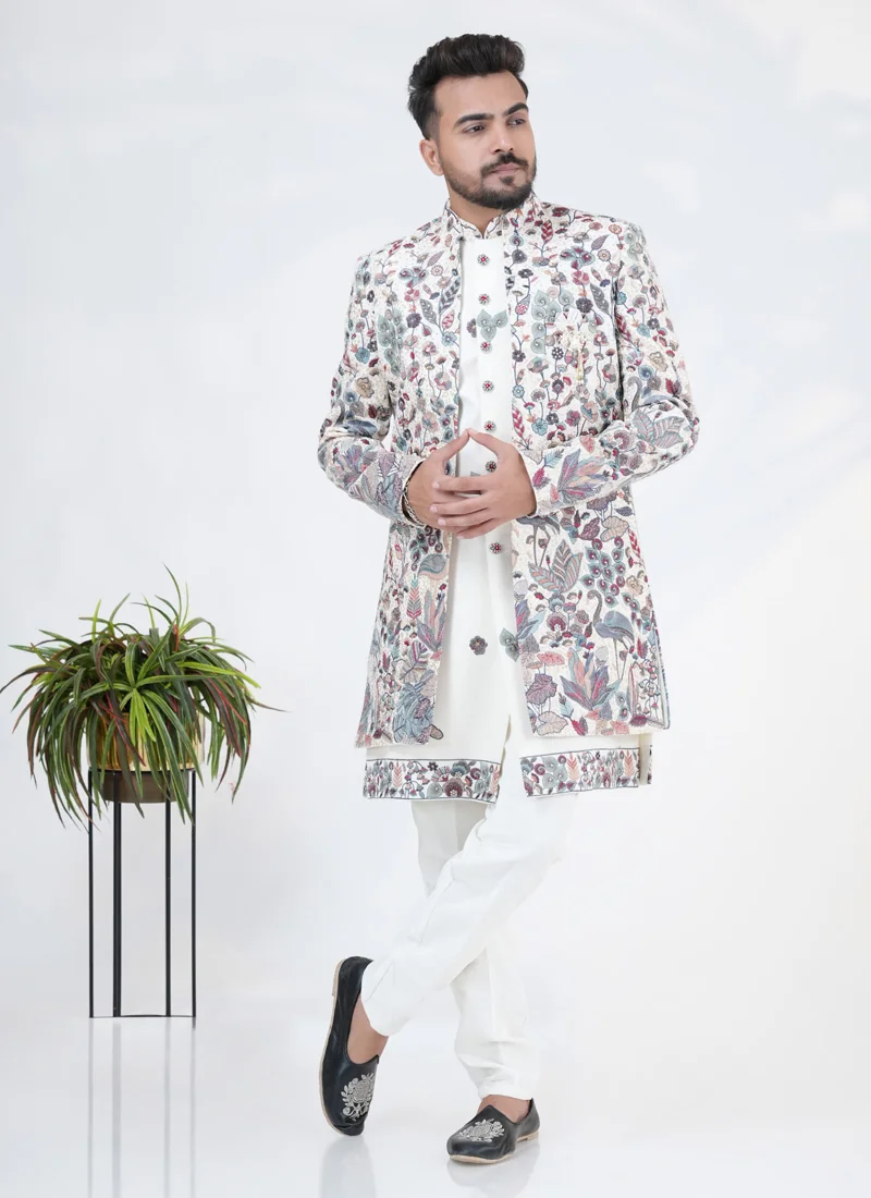 Designer Cream Velvet Indowestern Set With Embroidery