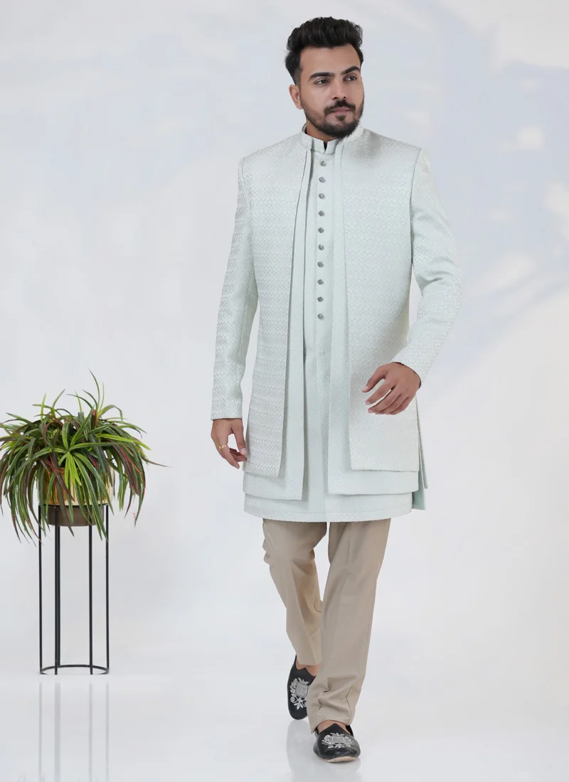 Pista Green Silk Indowestern Set with Embroidery