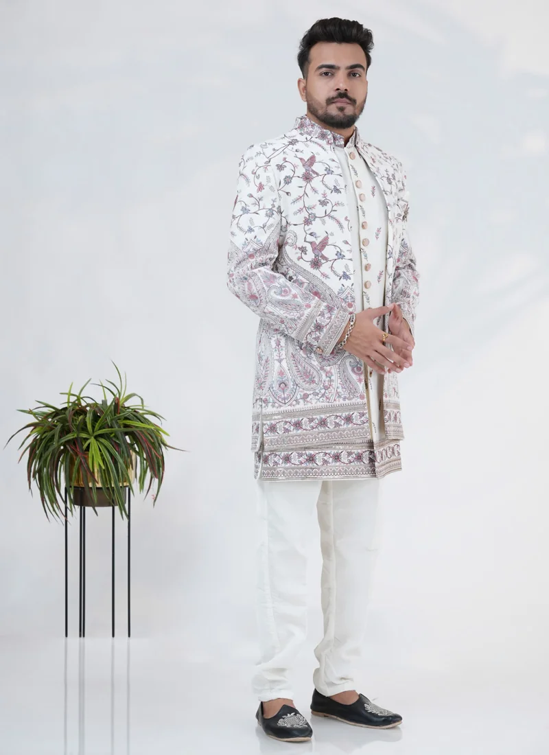 Men's Cream Velvet Indowestern Set With Embroidered Jacket