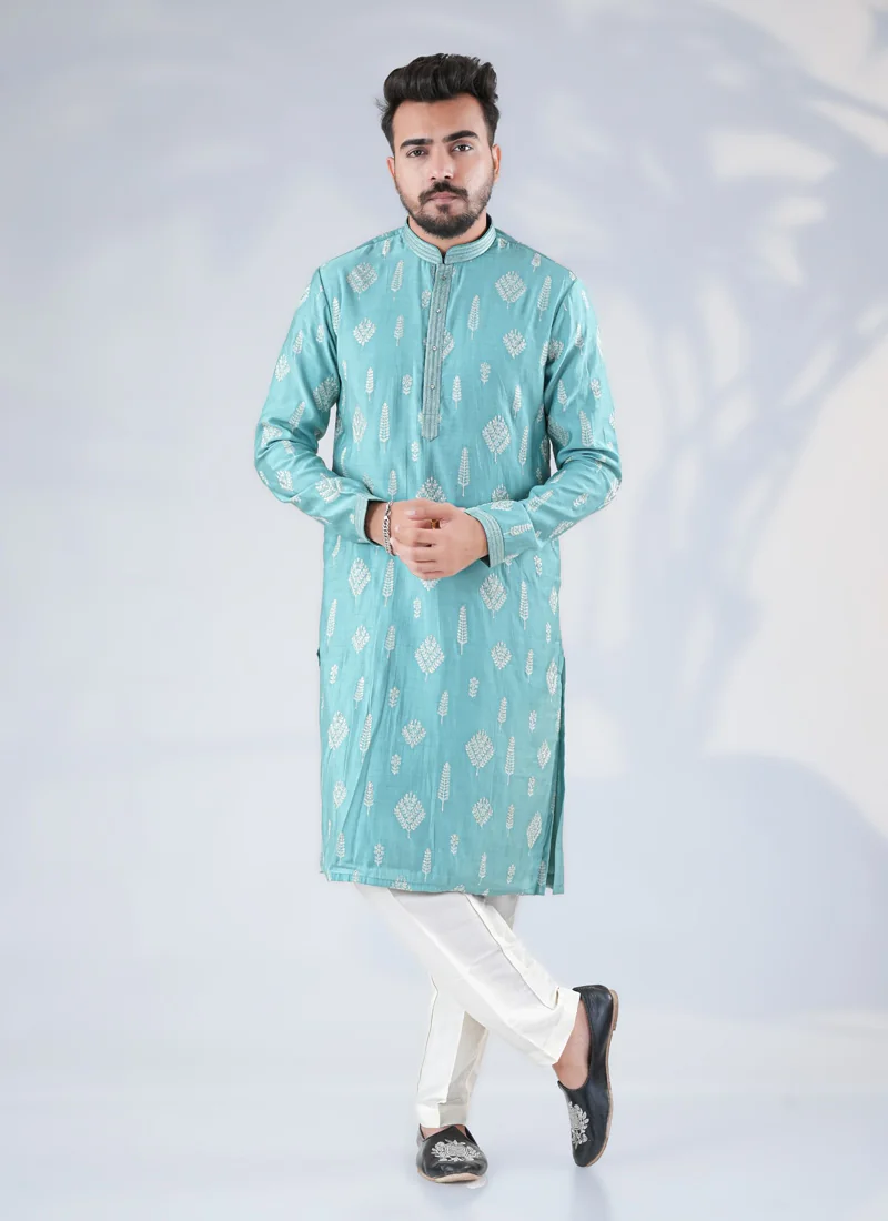 Men's Sea Green Silk Kurta Set