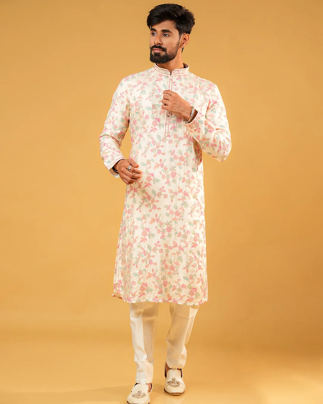Men's Cream Silk Floral Printed Kurta Pajama