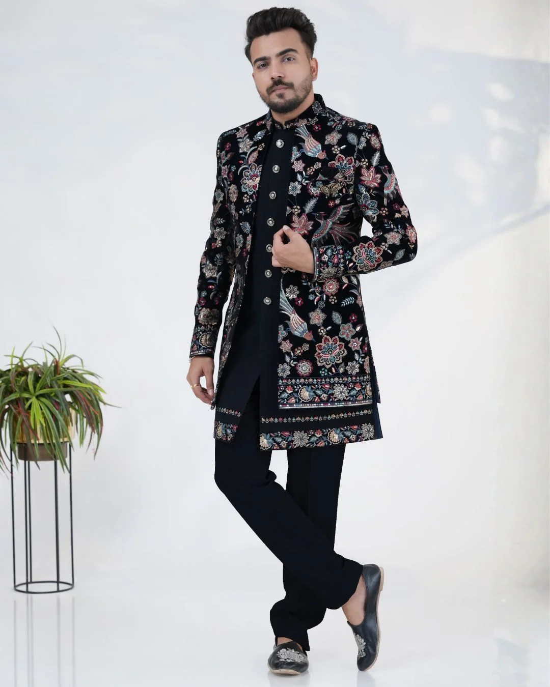 Designer Navy Blue Embroidered Jacket Indowestern Set for Men