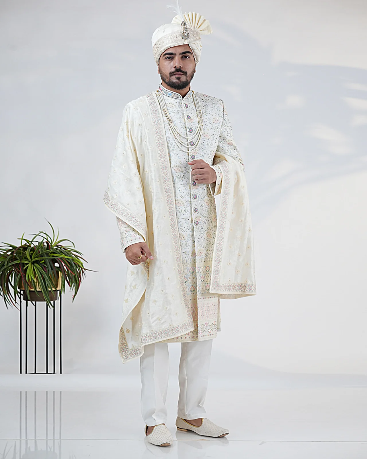 Pista Green Silk Indowestern Set with Embroidery