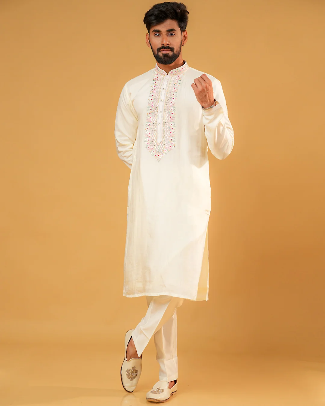 Cream Silk Mirror Work Kurta Pajama for Men