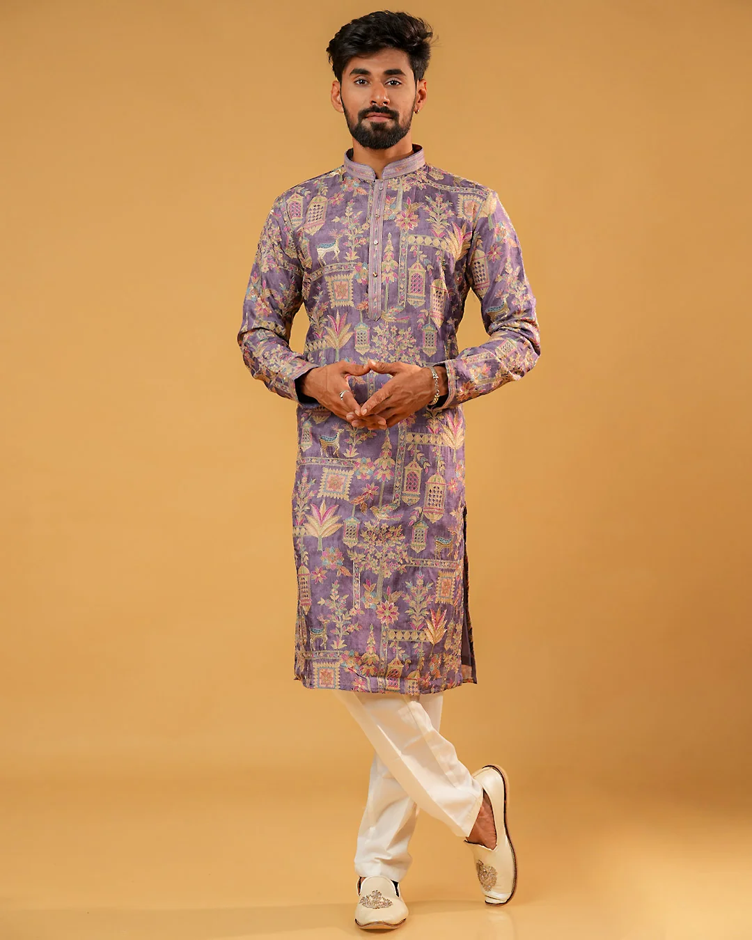 Men's Lilac Silk Kurta Pajama Set With Embroidery