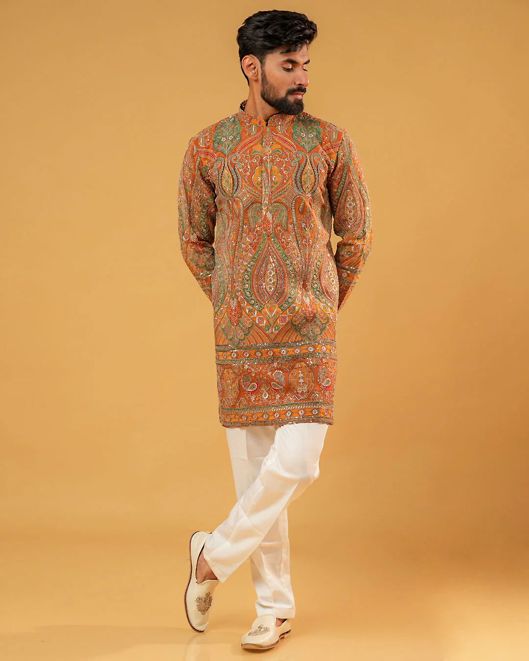 Yellow Silk Embroidered Kurta Pajama for Men