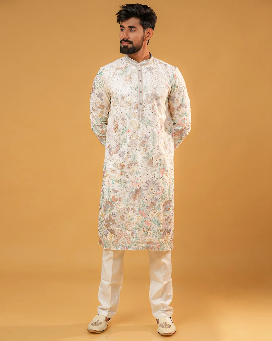 Men's Cream Silk Floral Embroidered Kurta Pajama
