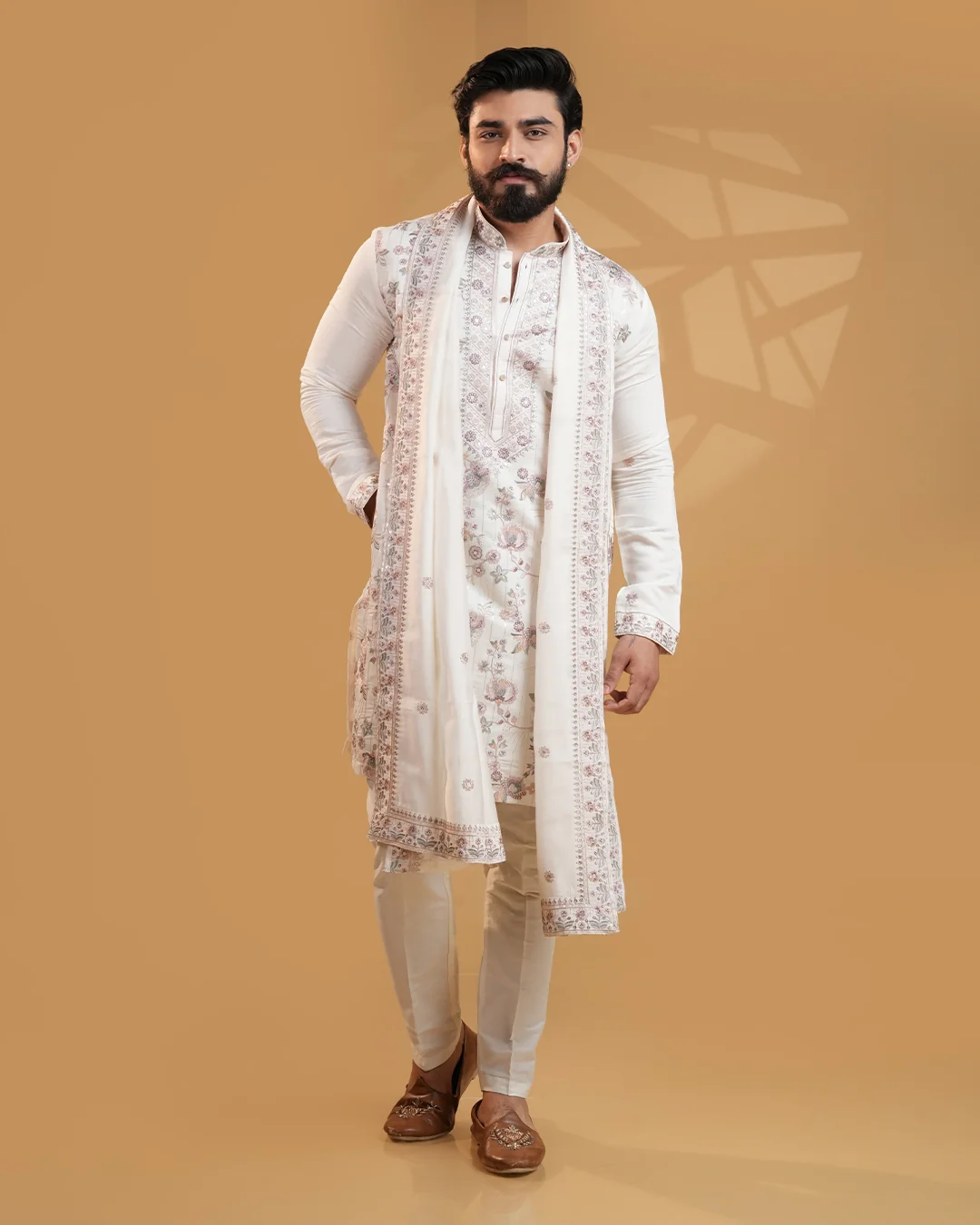 Men's Cream Silk Kurta Set with Embroidered Dupatta