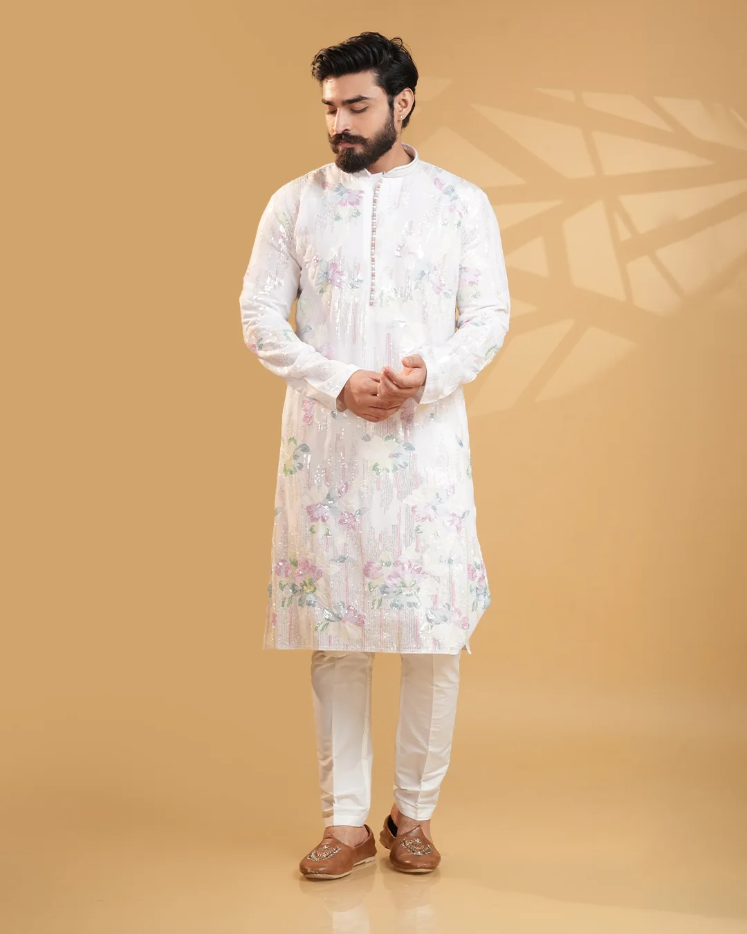 Men's White Floral Sequence Work Silk Kurta Set