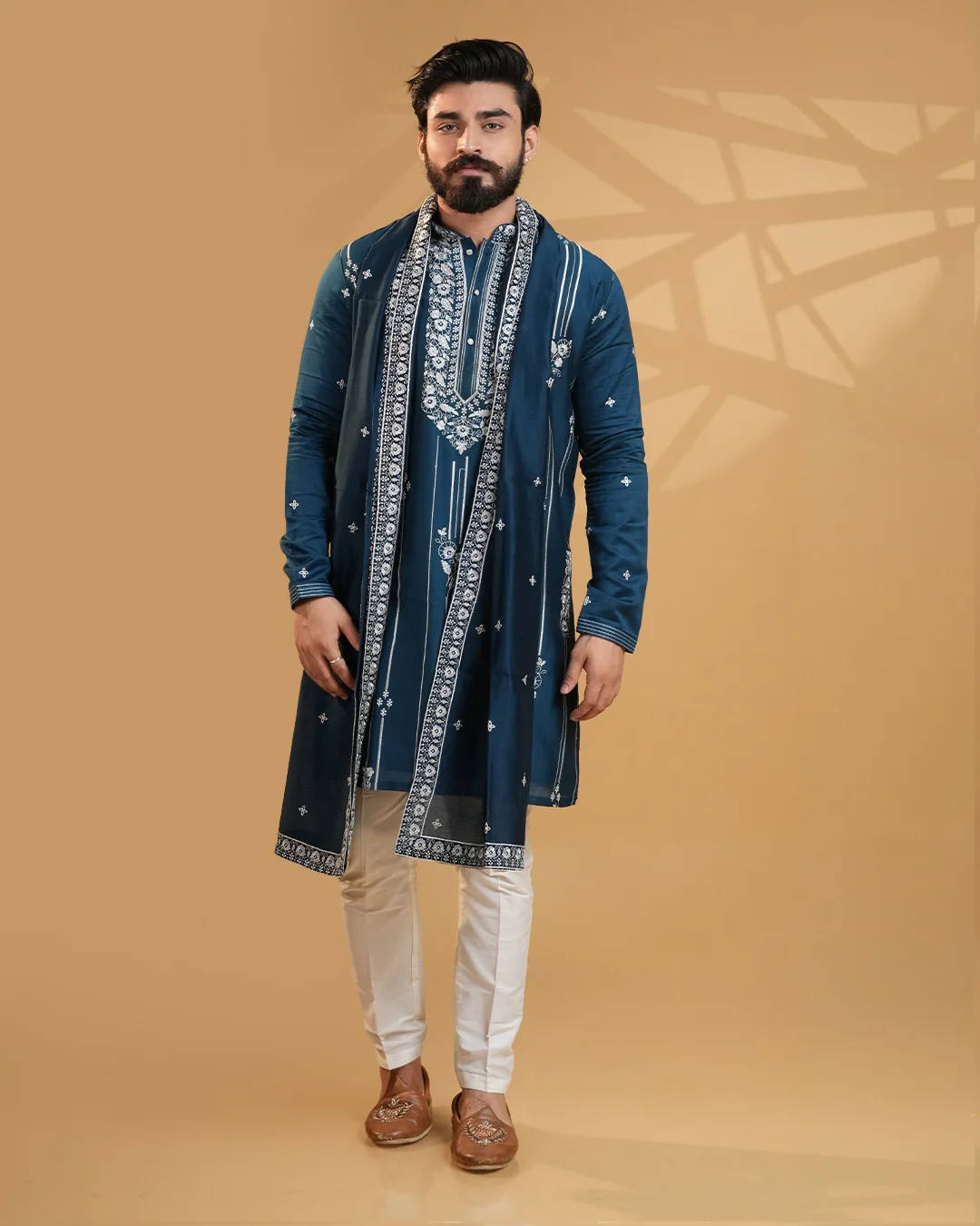 Men's Teal Silk Kurta Set with Embroidered Dupatta