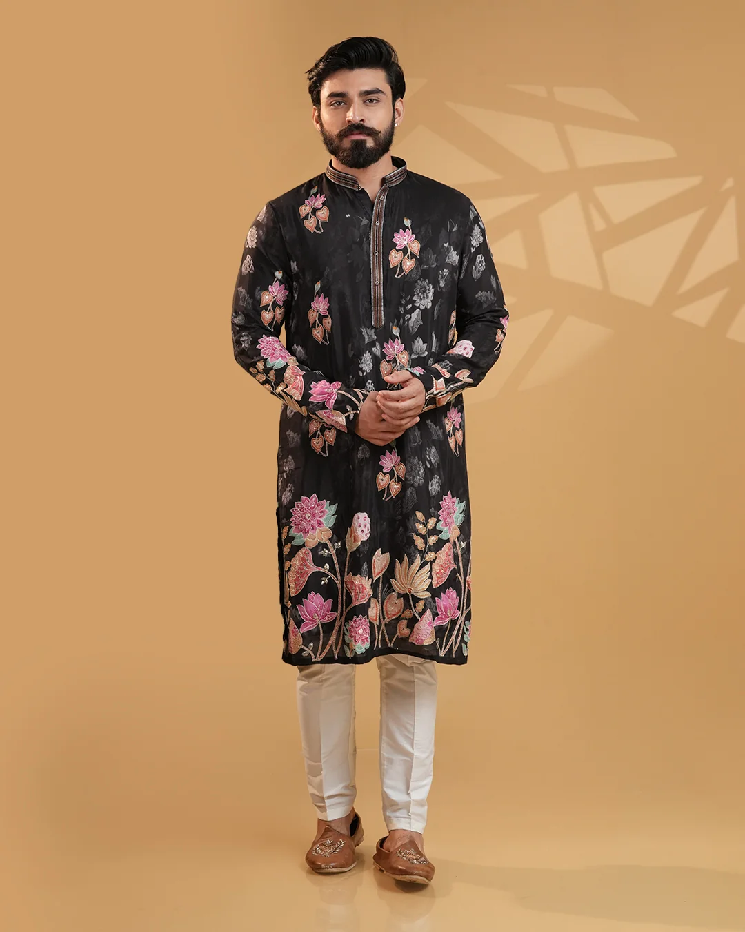 Men's Black Floral Print Silk Kurta Set