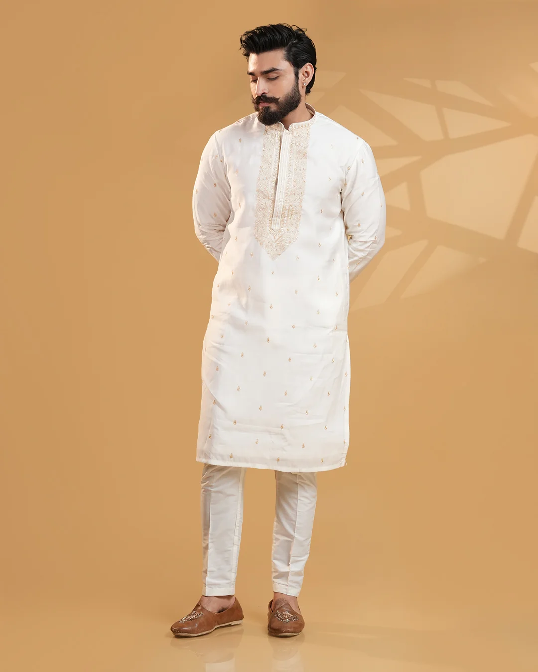 Men's Cream Embroidered Silk Kurta Set