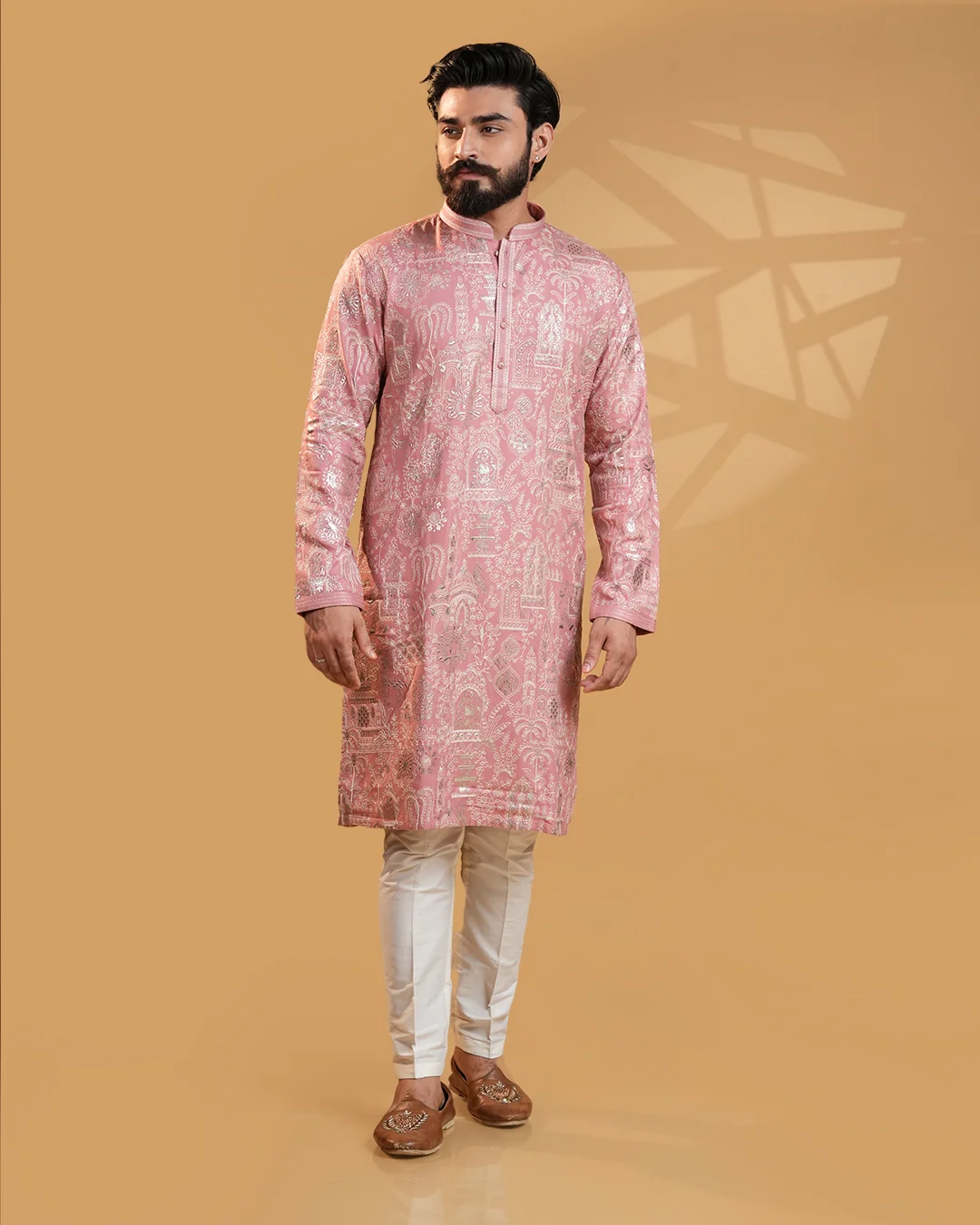 Men's Pink Silk Kurta Set with Thread Work