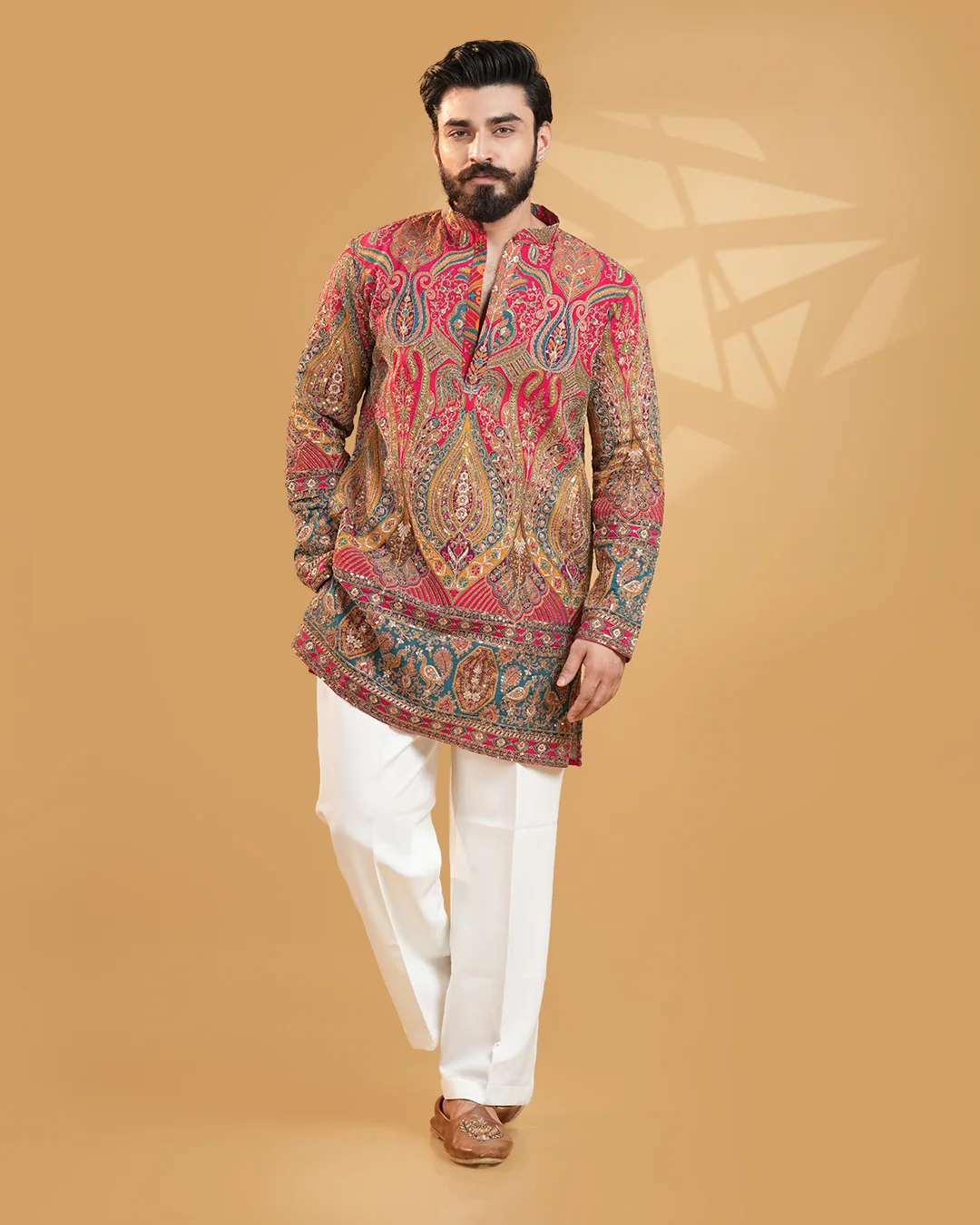 Designer Rani Pink Short Kurta with Embroidery for Men