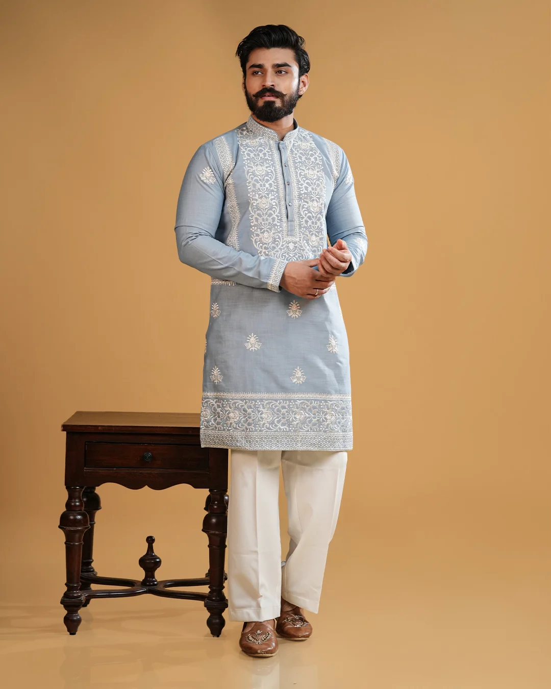 Men’s Sky Blue Silk Kurta with Thread & Sequin Work