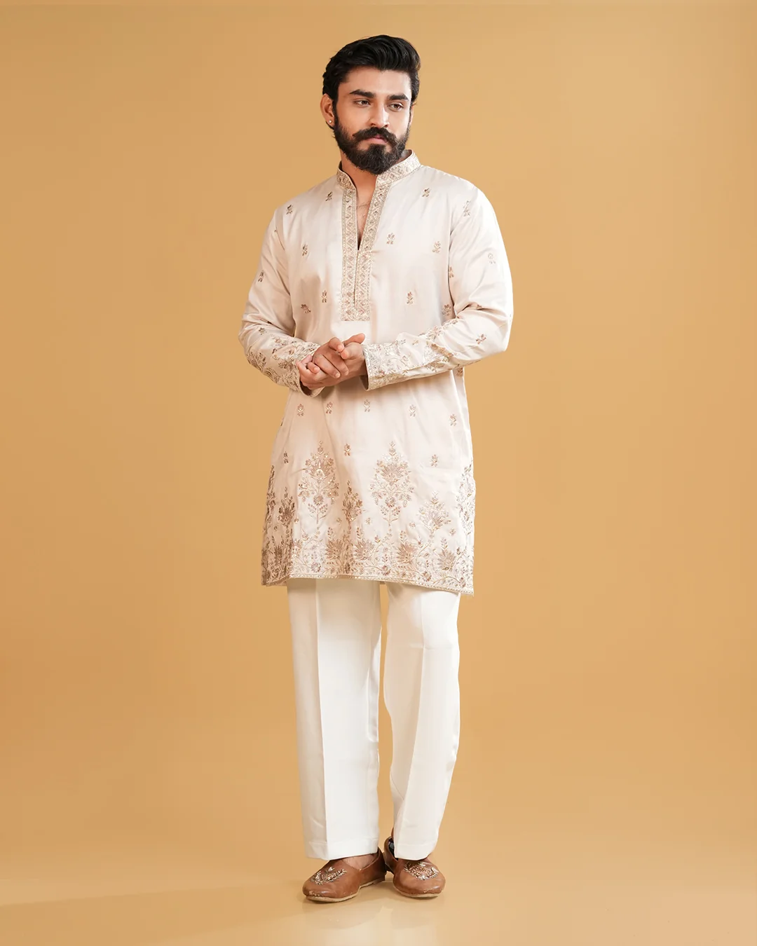 Men’s Ivory Embroidered Tissue Kurta Only