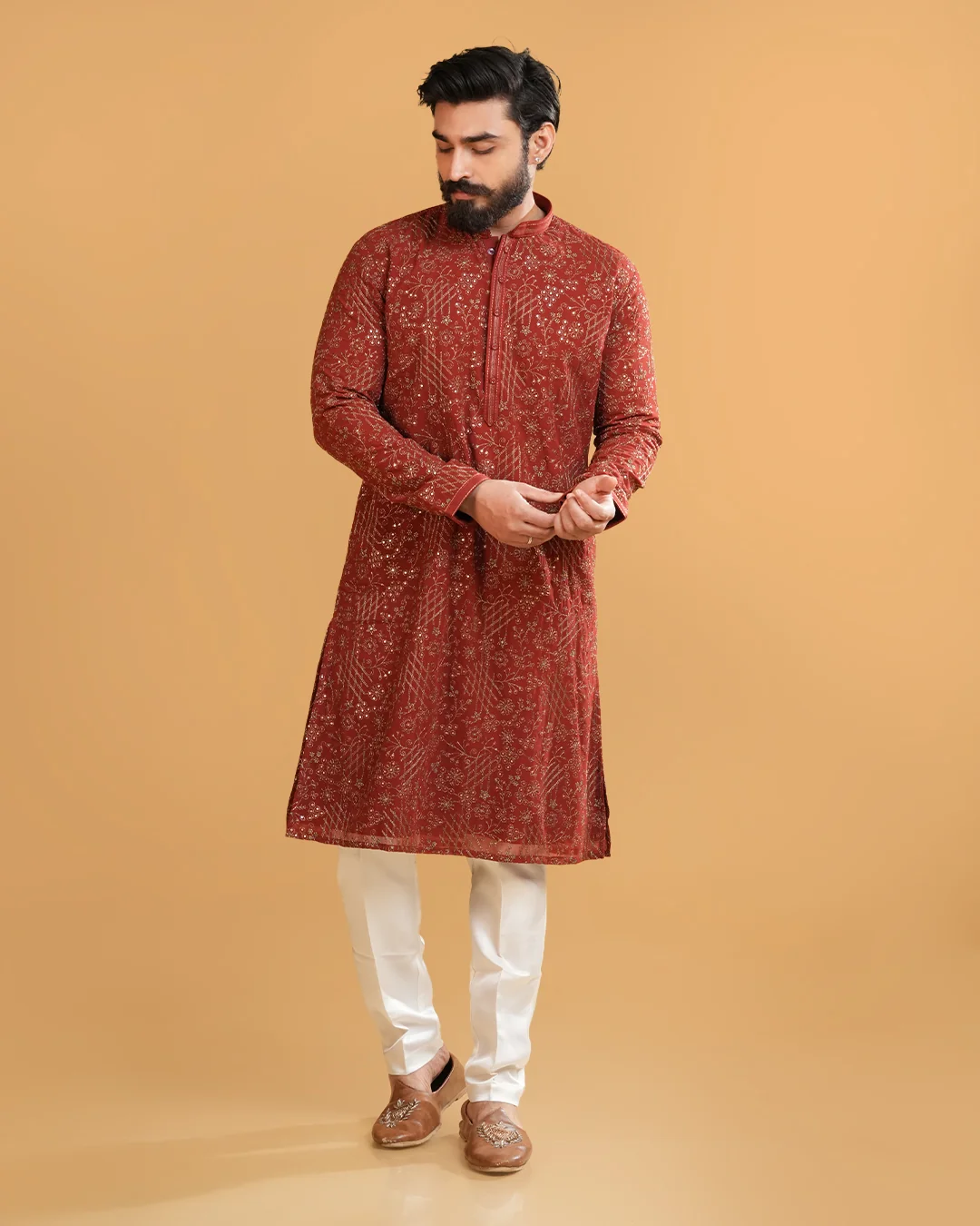 Premium Rust Silk Kurta Set with Thread & Sequin Work