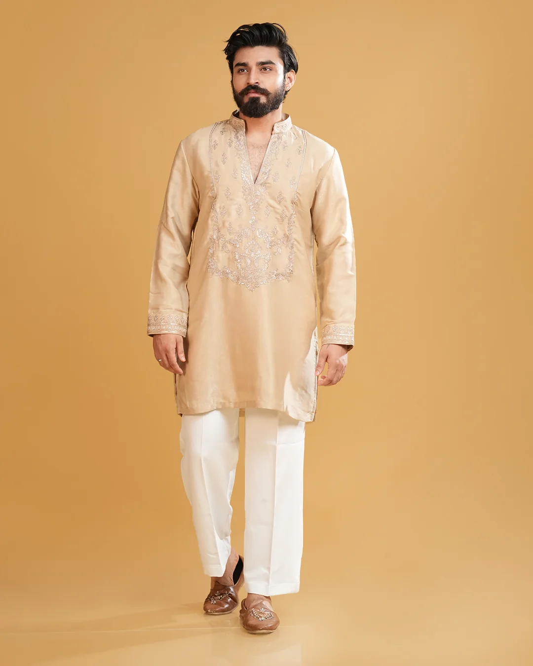 Men's Embroidered Beige Silk Kurta Only
