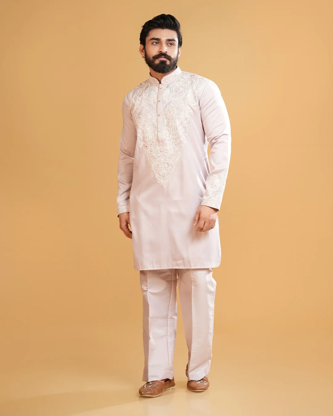 Men's Lilac Silk Kurta with Embroidery