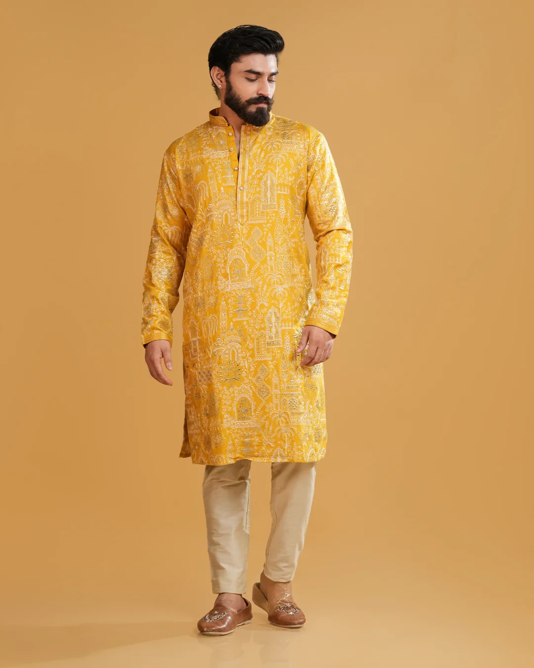 Men’s Yellow Embroidered Silk Kurta Set